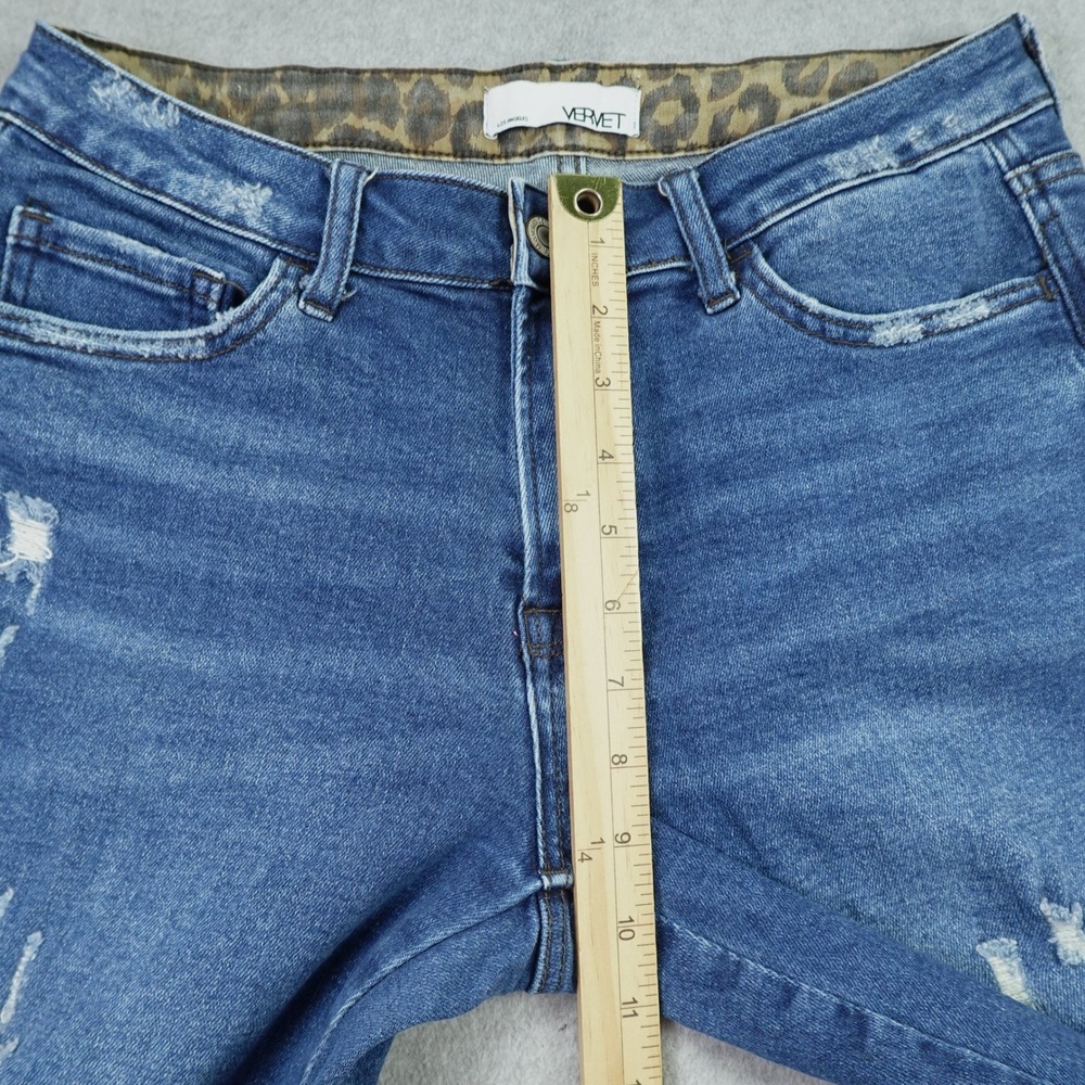 Vervet Jeans Womens 29 Blue Distressed Flare Denim Leopard Trim Gusset - Picture 10 of 13